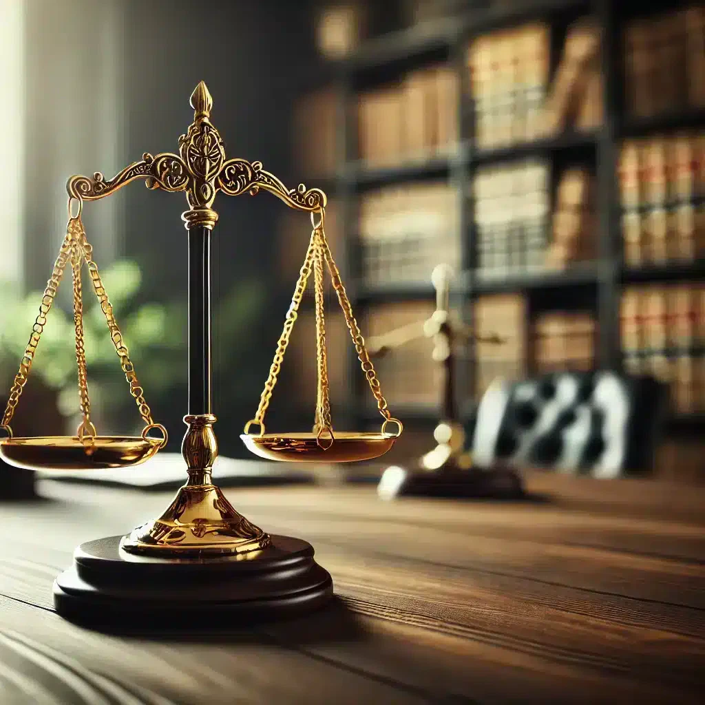 a gold scale on a wooden table